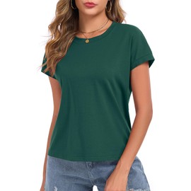 ATOFY Womens Cap Sleeve Tops T Shirts Boxy Cropped Tee Loose Fit Cotton Crewneck Short Sleeves Casual Summer Fashion Blouse(Deep Green,Medium)