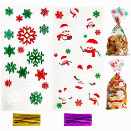 Pack of 200 Christmas Cellophane Bags, Christmas Cello Treat Bags, Goodies Bags, Gift Bags with 200 Pieces Twist Ties for Christmas Party Supplies (B)