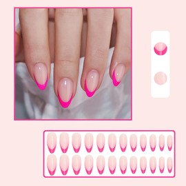 Mkwntg Hot Pink French Tip Press on Nails Short Almond Fake Nails Nude Pink Glossy Acrylic False Nails Natural Full Cover Glue on Nails Reusable Stick on Nails for Women Girls Artificial Nails 24Pcs