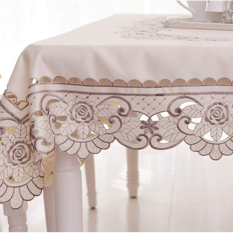 Lelehome Mantel de encaje crema con bordado de flores marrón,