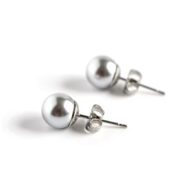 8mm Faux Pearl Stud Earrings Hypoallergenic Surgical Steel Light Grey