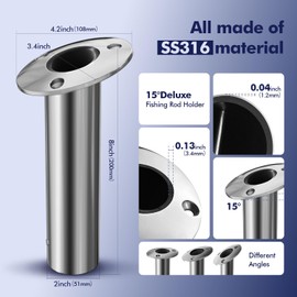 METRAXION 2Pcs Rod Holders for Fishing Boat, Heavy Duty 316 Stainless Steel Fishing Rod Pole Holder, Flush Mount, 15 Degree, Inner Tube and Gasket