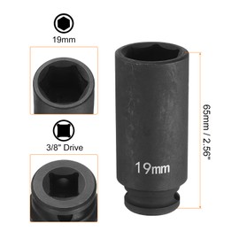 HARFINGTON 2pcs Deep Impact Socket 3/8" Square Drive by 19mm Metric 6 Point Socket 65mm (2.56") Long CR-MO Steel Industrial Grade Flip Socket for Home Auto Hex Nuts Bolts Repair, Black