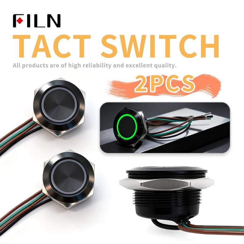 FILN 2PCS 19mm Momentary Push Button Switch, Ultra-Thin Waterproof IP67