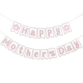 Happy Mothers Day Banner - Pre-assembled Mothers Day Decorations for Party, Mother's Day Best Mom Ever Flower Sign Bunting Garland for Home Fireplace Wall Office Photo Props Pink