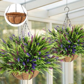 Hotop 2 Pack Outdoor Artificial Lavender Hanging Plants with Basket 16 Bundles UV Resistant Lavender in Coconut Liner Pot Spring Flowers Decor for Porch Patio Home Garden Decor(Light Purple,Purple)