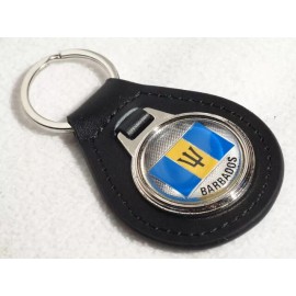 NOS NEW VINTAGE 1970s BARBADOS FLAG BLACK Leather CAR Key Chain Ring Fob
