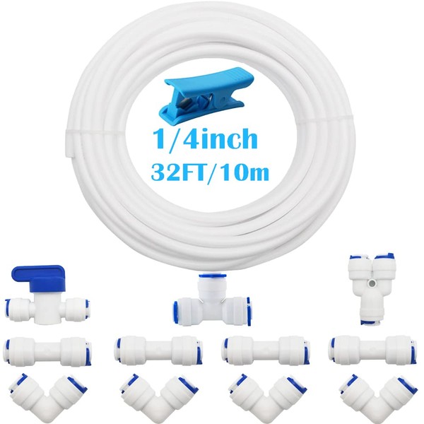 CESFONJER RO Water Filter Fitting, 1/4" Push Fit Straight Connector for Water Pipe (Y + T + I + L Type Combo + Shut Off Valve), 10 Meter 1/4" / 6.3mm Diameter Tube