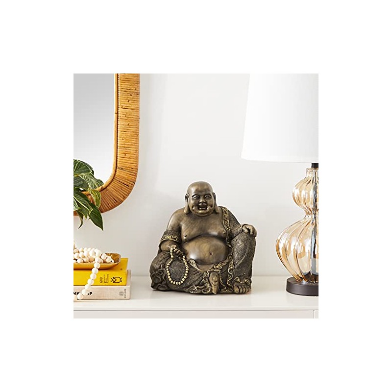 Oriental Furniture 10" Sitting Hotei Happy Buddha Statue, Bronze