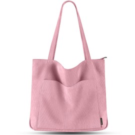 Prite Corduroy Tote Bag for Women Large Shoulder Bag with Zipper and Pockets for College Work Travel Shopping(Pink)