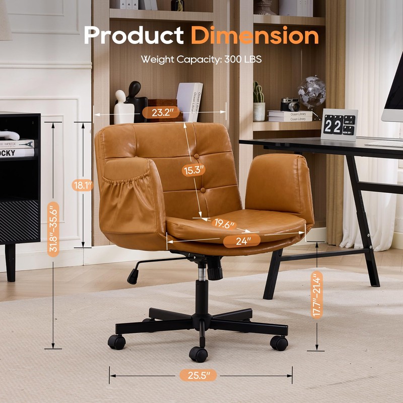 Criss Cross Office Chair with Flip Armrests, PU Leather, Brown