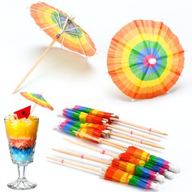 50 Pieces Drink Umbrellas Cocktail Picks Parasol Cocktail Umbrellas Sticks with Wood Toothpicks for Summer Rainbow Handmade Lemon Cupcake Toppers Summer Hawaiian Party (Rainbow)