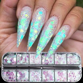 Aurora Colorful Nail Art Sequins 3D Heart Stars Flower Round Glitter Sequins Manicure Decoration Thin Flakes Nail Design Nail Art Flakes Powder Kit Nails Decorations DIY Sparkly Acrylic Nails Crafts