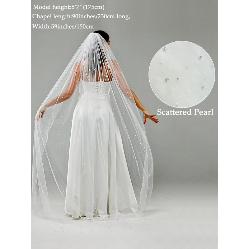 ELAWBTY 1 Tier Pearl Fingertip Length Wedding Bridal Veil With