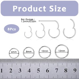 ZPSCXQ 8Pcs 316L Nose Rings, Silver Nose Ring, Nose Rings Sterling Silver, Stainless Steel Hinged Puncture Segmentation Nose Ring for Women Men Boys Girls 6mm/8mm/10mm/12mm
