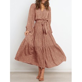 PRETTYGARDEN Women's 2024 Long Sleeve Wrap V Neck Floral Ruffle Tiered Maxi Dress Boho Chiffon Flowy Long Dresses with Belt(Khaki,Medium)