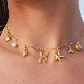 SRWRPR Golden Initial Charm Necklace for Women Shell Letter Necklaces, 14K Boho Beach Necklace Pendant Choker Starfish Jewelry Gifts