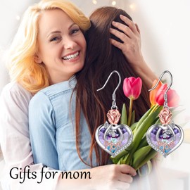 POPKIMI Mom Earrings Gifts for Mom Mom Earrings with Rose Flower Best Gifts for Mom 925 Sterling Silver Crystal Dangle Drop Hook Earrings Birthday Gifts for Mom Mom Earrings Love Heart Rose Flower Earrings Christmas Birthday Gifts
