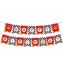 Race Car Happy Birthday Banner Party Decorations,Racing Themed Party ，Racing Party Sign,Let't Go Racing Checkered Flag Party Themed Party Supplies Decorations