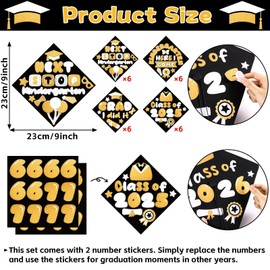 Qyeahkj 26 Pcs Graduation Hat DIY Stickers for Pre-K Kids Grad Caps Topper Decoration Black Gold Self-Adhesive Sticker Art Crafts for Summer Kindergarten Preschool 2025 Graduation Party Supplies Favor