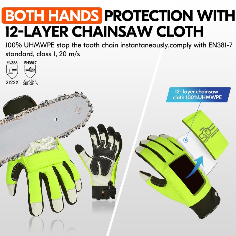 Vgo... Chainsaw Gloves 12-Layer Protection on Both Hands in Cowhide,