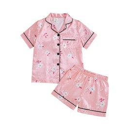 MyFav Girls Pajama Set Short Sleeve Button Down Silky Satin Girls PJS Kids Sleepwear Summer Nightwear Loungewear Set,Pink Flowers,12Y