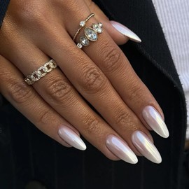 Almond False Nails - 24pcs Aurora White Press on Nails French Tip - Chrome Fake Nails with Glue in 12 Sizes - Reusable Full Cover Stiletto Stick on nails for Women Girls