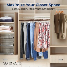 SereneLife 10 Pack Skirt and Pant Hanger with Adjustable Non-Slip Steel Clips, Premium Wooden, 360° Swivel Hook & 10 lb Capacity – Space-Saving Heavy-Duty Hangers for Jeans, Shorts & Slacks (Brown)