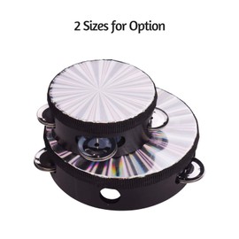 HXBER 4 Inch Wooden Radiant Tambourine Handbell Hand Drum with Single Row Jingles Reflective Drum Head Percussion Instrument Musical for Adults Dancing Singing Party