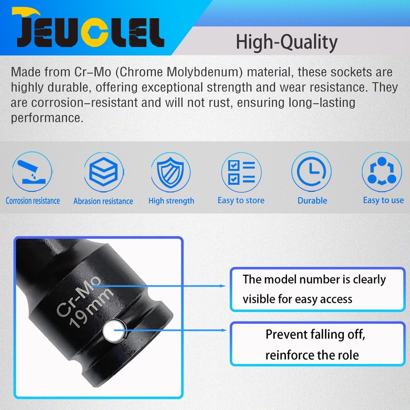 JEUCLEL 19mm 1/2"Extra-long Thin Wall Wheel Protector Impact Deep Socket,