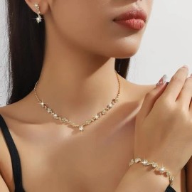 Joyería Juego De Collar Pulsera Pendientes Para Novia Mujer Dorado