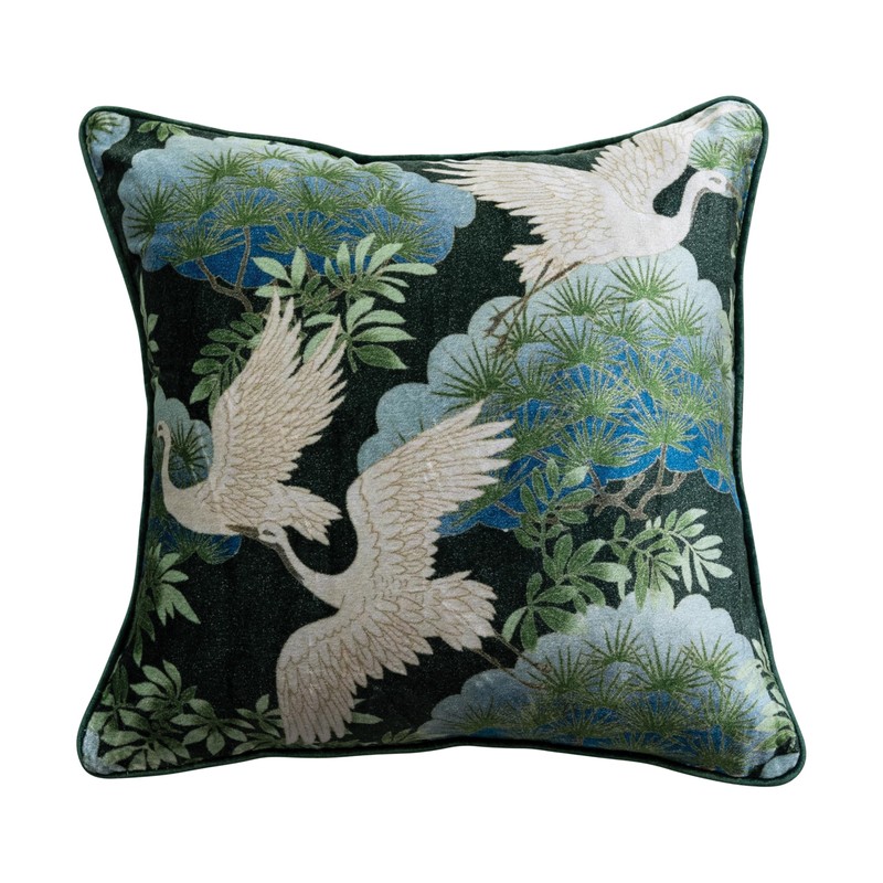 Creative Co-Op Cotton Blend Velvet Printed Pillow with Cranes and