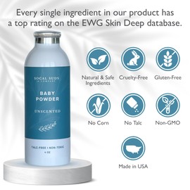 SoCal Suds & Company - Natural Baby Powder Talc-Free - Newborn Essentials with Arrowroot Powder, Kaolin, Aspen Bark Extract for Soft Soothing Protected Skin - Gentle Absorption - Fragrance Free, 4oz