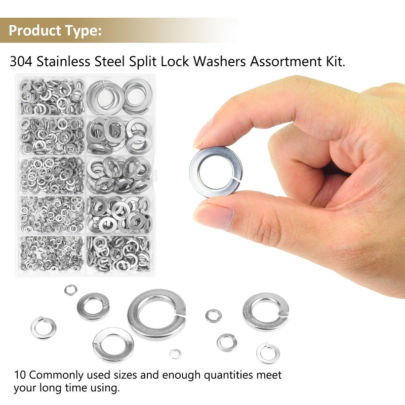 Kindroufly 487 Pieces 10 Sizes Stainless Steel Split Lock Washers,