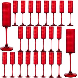 24 Pieces Red Champagne Flutes,6 OZ Twill Pattern Striped Vintage Stem Glasses Stemware Wine Glasses Champagne Long Stem Drinking Colored Glasses Goblets for Wedding Cocktail Cups,Cava, Prosecco