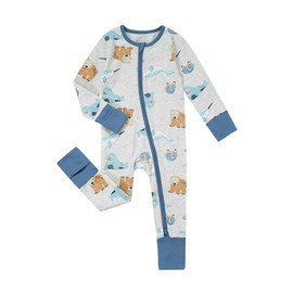 Teach Leanbh Unisex Baby Footless Pajamas with Mittens and Feet Cuffs Cotton 2 Way Zipper Long Sleeve Romper Sleep and Play (Grey blue/Bear, 12-18 Months)