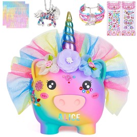 Piggy Bank for Girls Large Unicorn Piggy Banks with Necklace Bracelet DIY Stickers Cute Coin Piggybank Unbreakable for Toddler Kids Christmas Birthday Gifts, Rainbow with Rainbow Dress, M