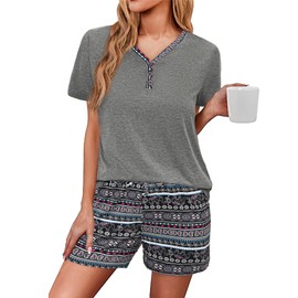 Uniexcosm Short Pyjamas Women's Cotton Two Piece Pyjamas Shorty Sleepwear V Neck Top and Printed Shorts Sleepwear for Summer, darkgray, L