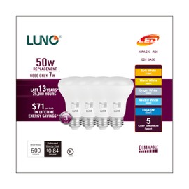 LUNO R20 Dimmable LED Bulb, Color Selectable, 7W (50W Equivalent), 500 Lumens, 2700K, 3000K, 3500K, 4000K, 5000K, 5CCT, Flicker Free, UL Listed