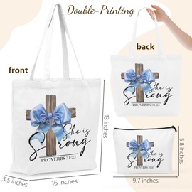 Christian Gifts for Women, Girls Preppy Bow Canvas Tote Bag Makeup Bag Set, Inspirational Bible Verse Religious Gifts Birthday Retirement Anniversary Reusable Grocery Bags Travel Cosmetic Bags