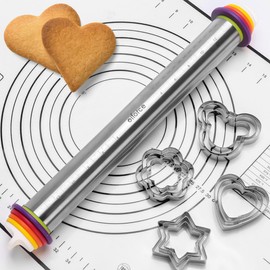 Olforce Stainless Steel Rolling Pin with Thickness Rings and Pastry Baking Mat, Pizza, Cookie, Bread, Pie Crusts,Roller Rod for Dough Thickness, 13.6" with 4 Multicolored Thickness Rings&Cookie Molds