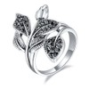 Vintage Style Leaf Ring with Black Rhinestones, Silver-Plated Copper Alloy,