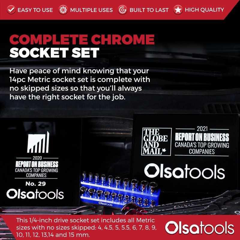 Olsa Tools Metric Socket Set (14pc) | 1/4-Inch Drive |