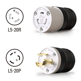 ELEGRP NEMA L5-20P and NEMA L5-20R Locking Plug and Connector, Generator Twist Lock Plug Adapter, 20 Amp 125V 2 Pole 3 Wire Grounding, Industrial Grade Heavy Duty, UL Listed (1 Set, Black/White)