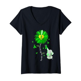 Womens Mental Health Awareness Cute Elephant Green Ribbon Sunflower V-Neck T-Shirt
