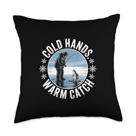 Cold Hands Warm Catch Winter Ice Fishing Throw Pillow