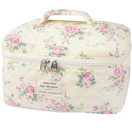 Gosect Large Travel Quilted Makeup Bag for Women,Big Floral Cotton Cosmetic Bag, Cute Coquette Aesthetic Floral Toiletry Organizer Bag (Pink pattern)