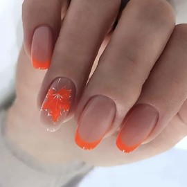 Fall French Press on Nails Square Short with Maple Leaf Designs, 24Pcs Orange Glossy Full Cover Coffin Artificial Fake Nails, Autumn Thanksgiving Acrylic False Nails with Glue Stick on Fingernails