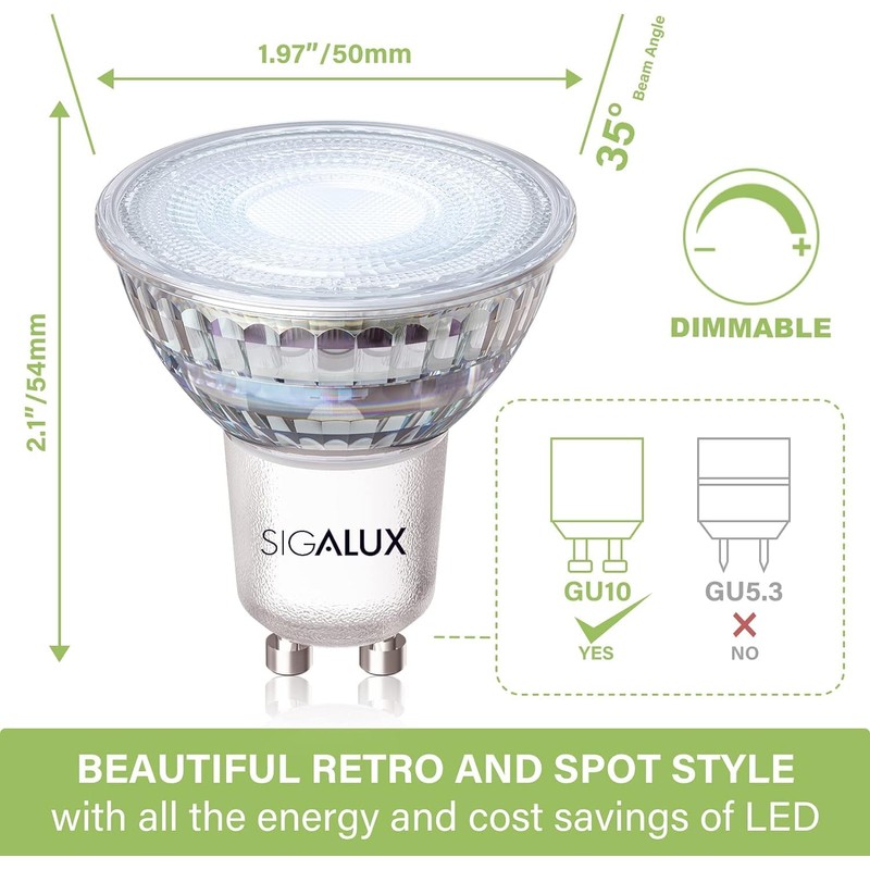 Sigalux GU10 LED Light Bulbs, Dimmable 5000K Daylight White Natural