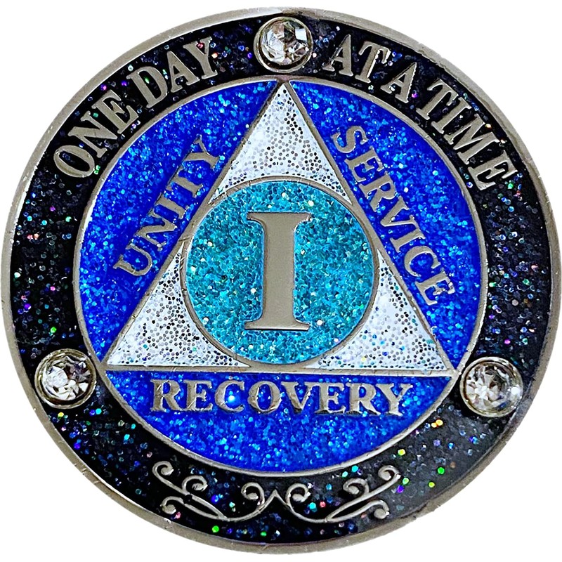 AA 1-Year Crystal & Blue Glitter Sobriety Coin – Black